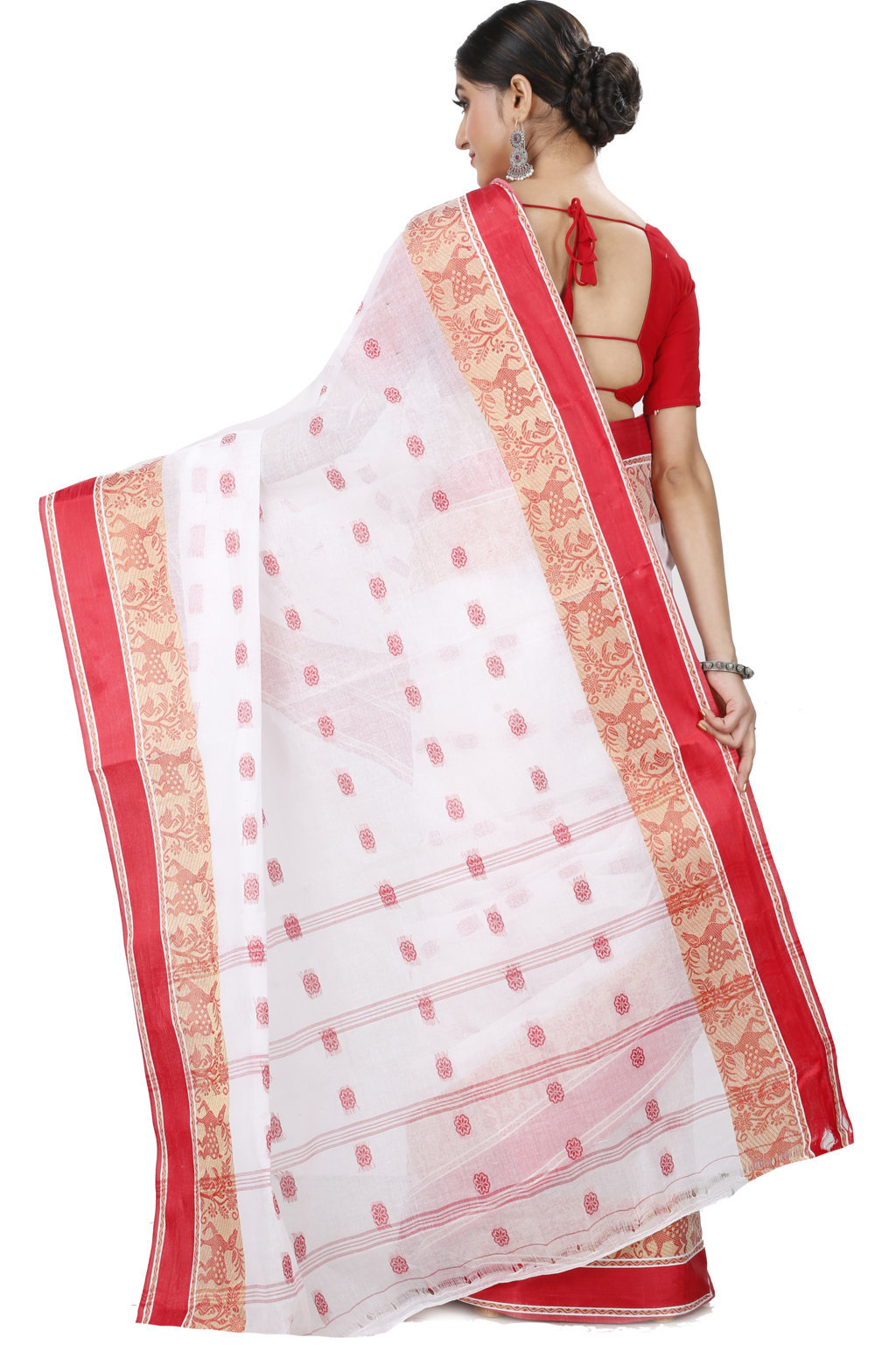 White Red Pure Cotton Sadasob Tant Saree (1027)